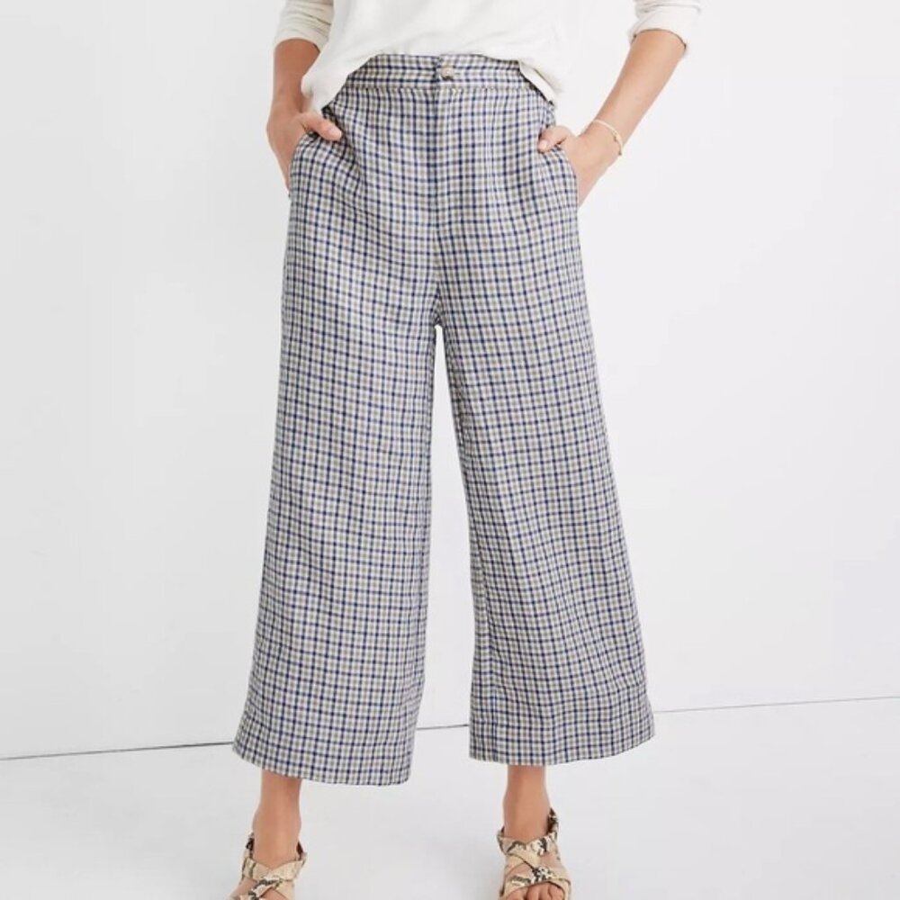Madewell Blue and White Plaid Wide-Leg Pants